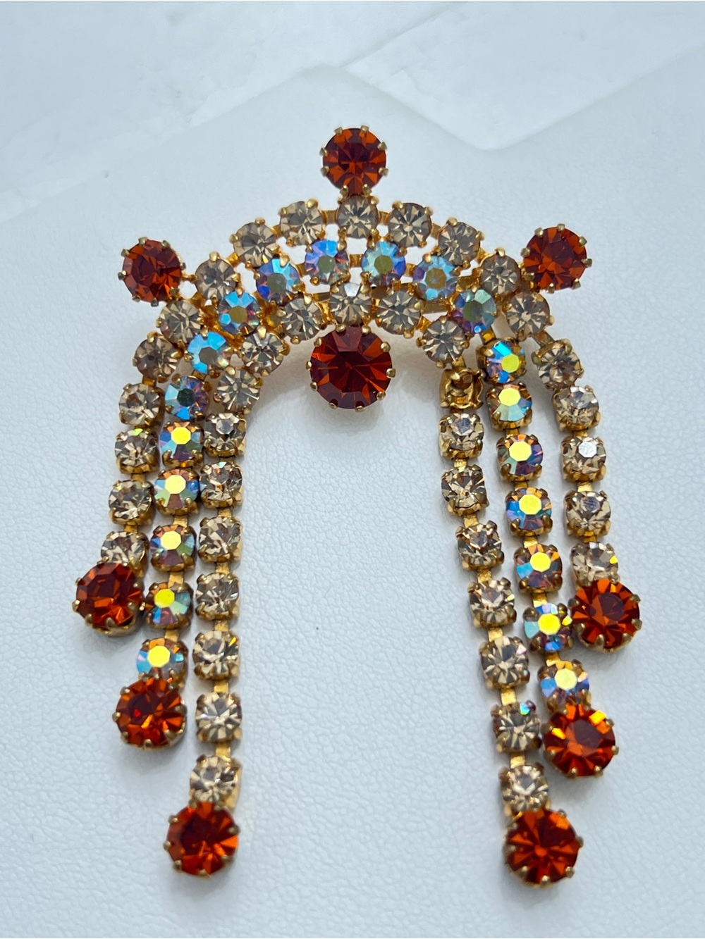 Vintage 1950s Waterfall Drizzle Brooch Orange Hyacinth & AB Rhinestones